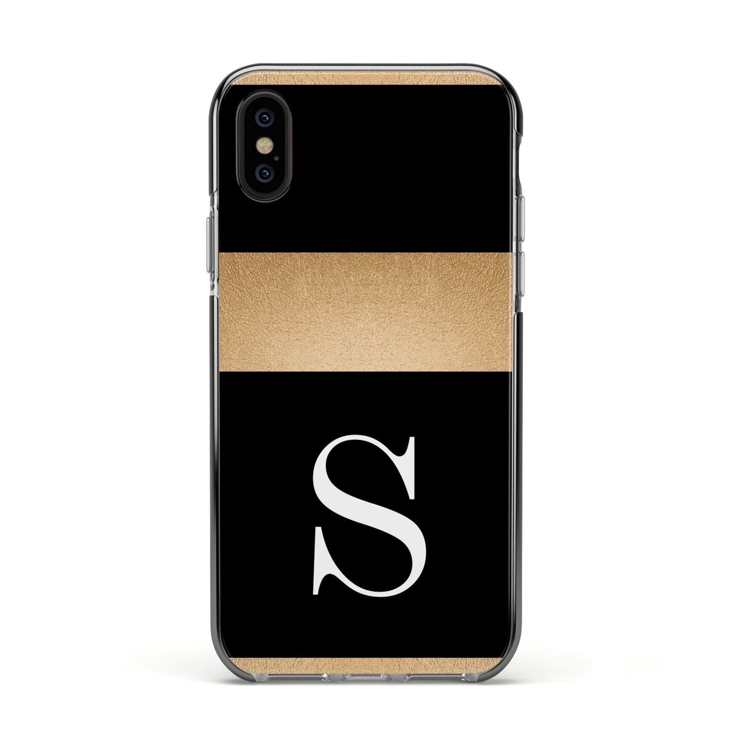 Personalised Black Gold Monogram Initial Apple iPhone Xs Impact Case Black Edge on Black Phone