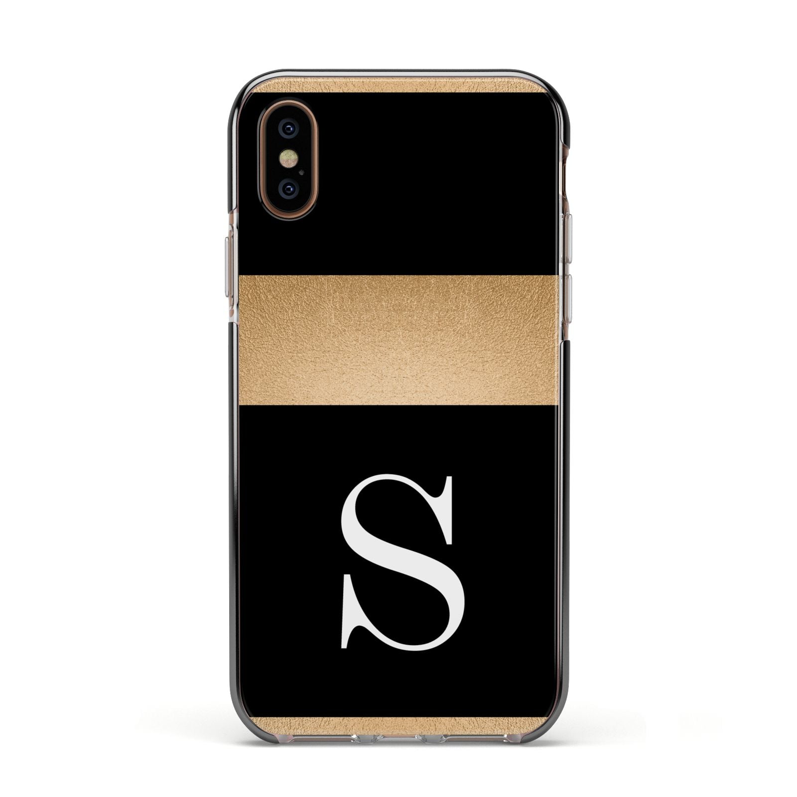 Personalised Black Gold Monogram Initial Apple iPhone Xs Impact Case Black Edge on Gold Phone