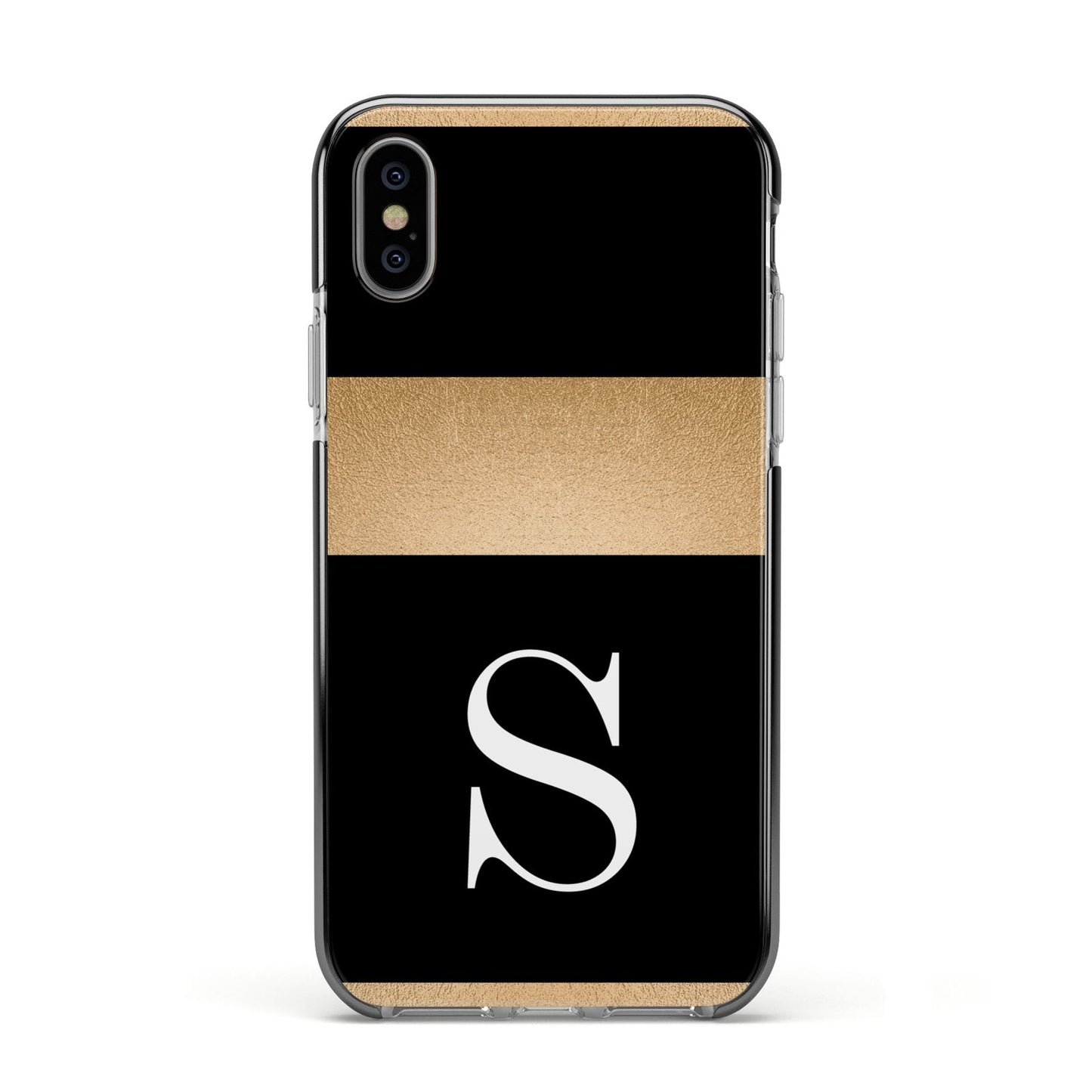 Personalised Black Gold Monogram Initial Apple iPhone Xs Impact Case Black Edge on Silver Phone