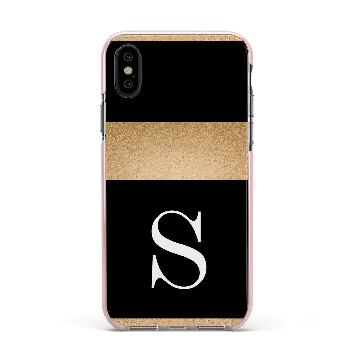 Personalised Black Gold Monogram Initial Apple iPhone Xs Impact Case Pink Edge on Black Phone