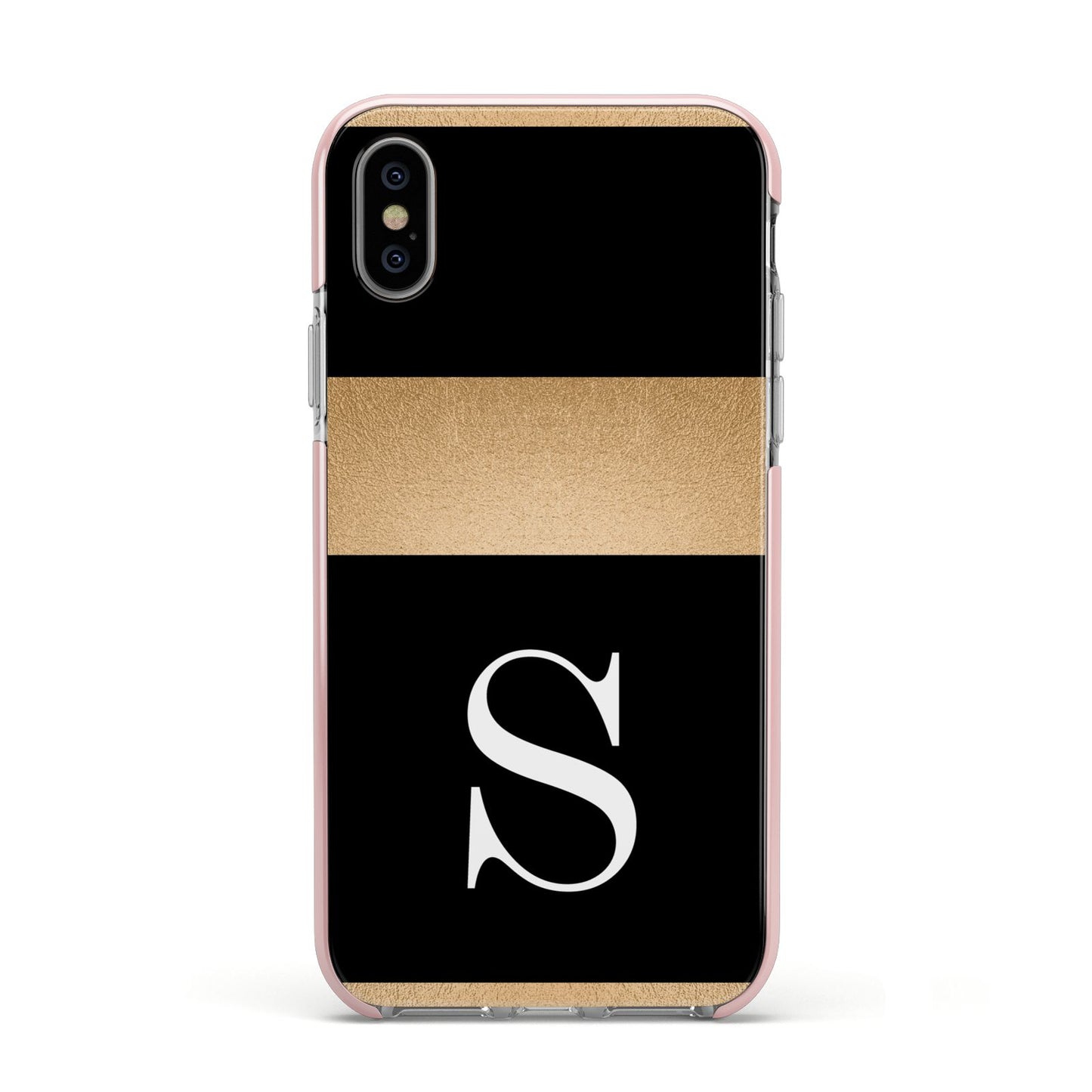 Personalised Black Gold Monogram Initial Apple iPhone Xs Impact Case Pink Edge on Silver Phone