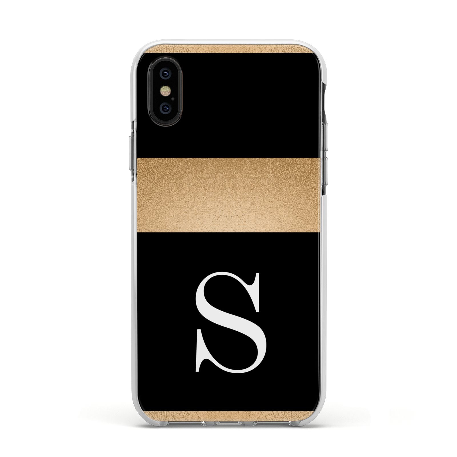 Personalised Black Gold Monogram Initial Apple iPhone Xs Impact Case White Edge on Black Phone