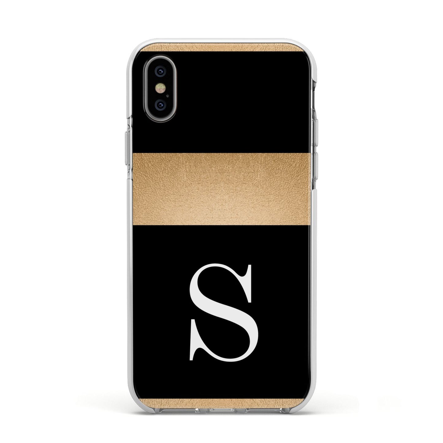 Personalised Black Gold Monogram Initial Apple iPhone Xs Impact Case White Edge on Silver Phone