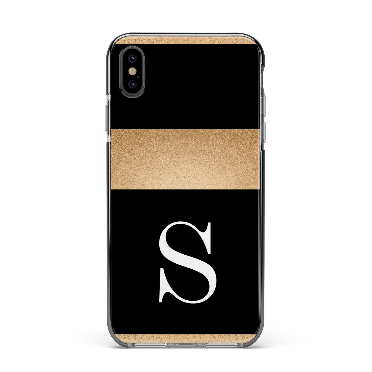 Personalised Black Gold Monogram Initial Apple iPhone Xs Max Impact Case Black Edge on Black Phone