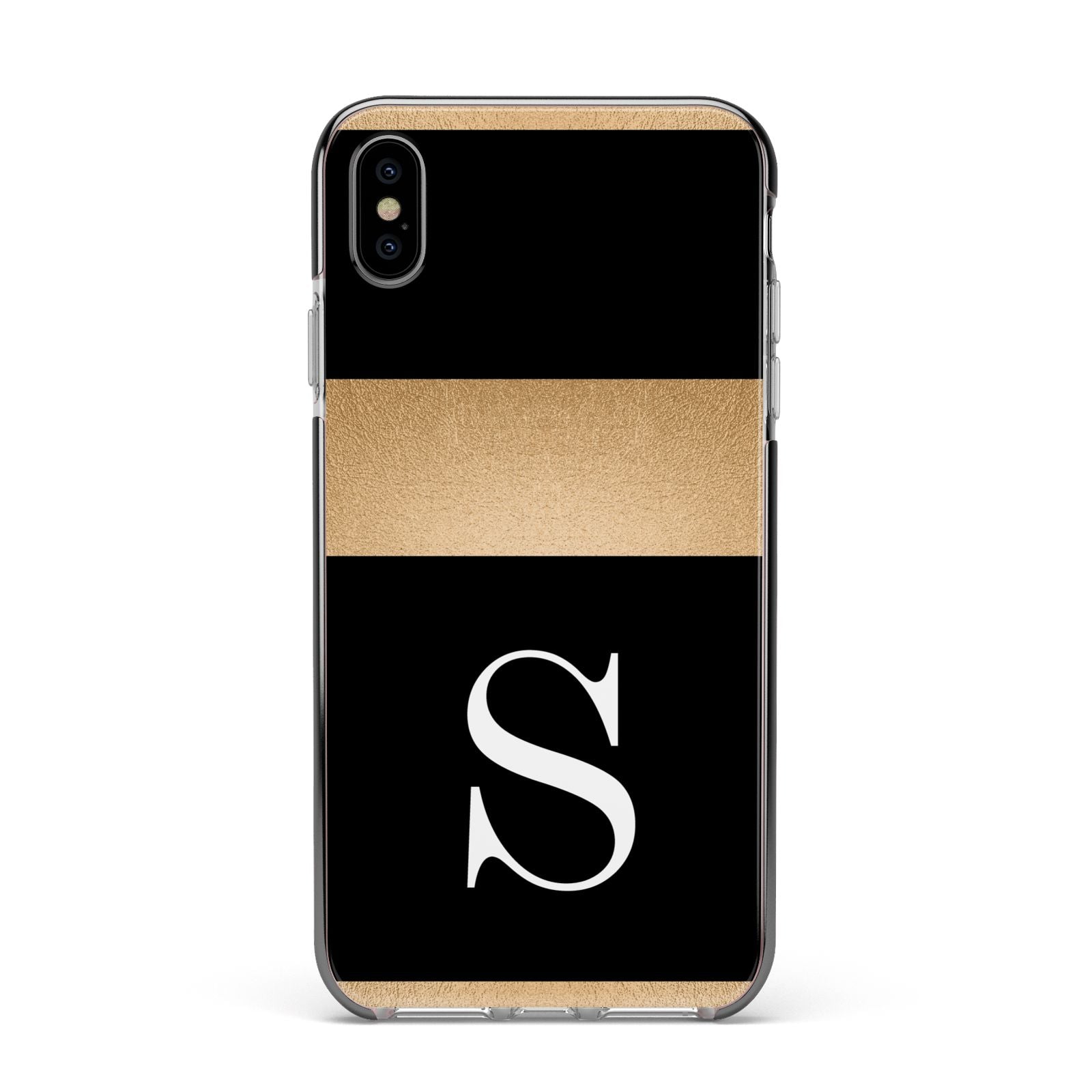 Personalised Black Gold Monogram Initial Apple iPhone Xs Max Impact Case Black Edge on Silver Phone