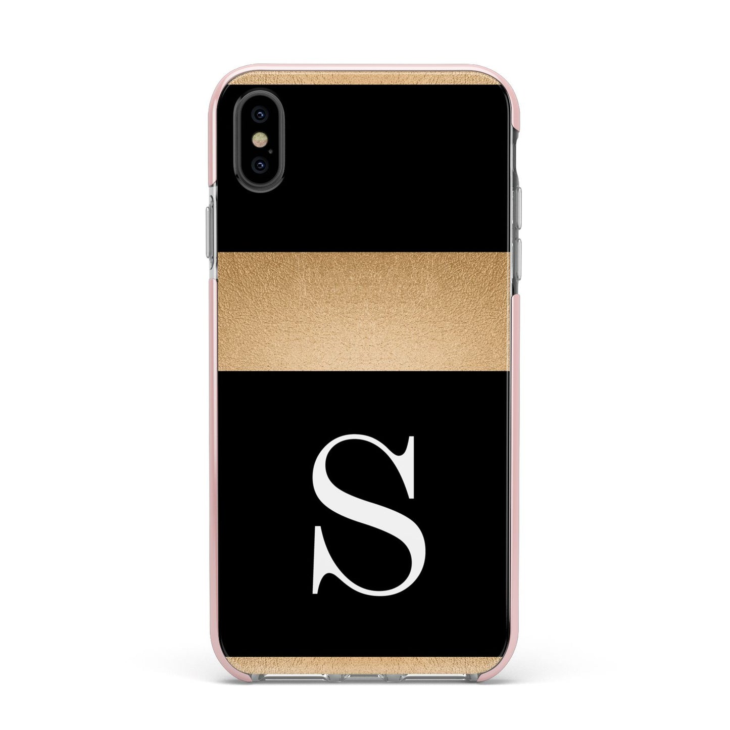 Personalised Black Gold Monogram Initial Apple iPhone Xs Max Impact Case Pink Edge on Black Phone