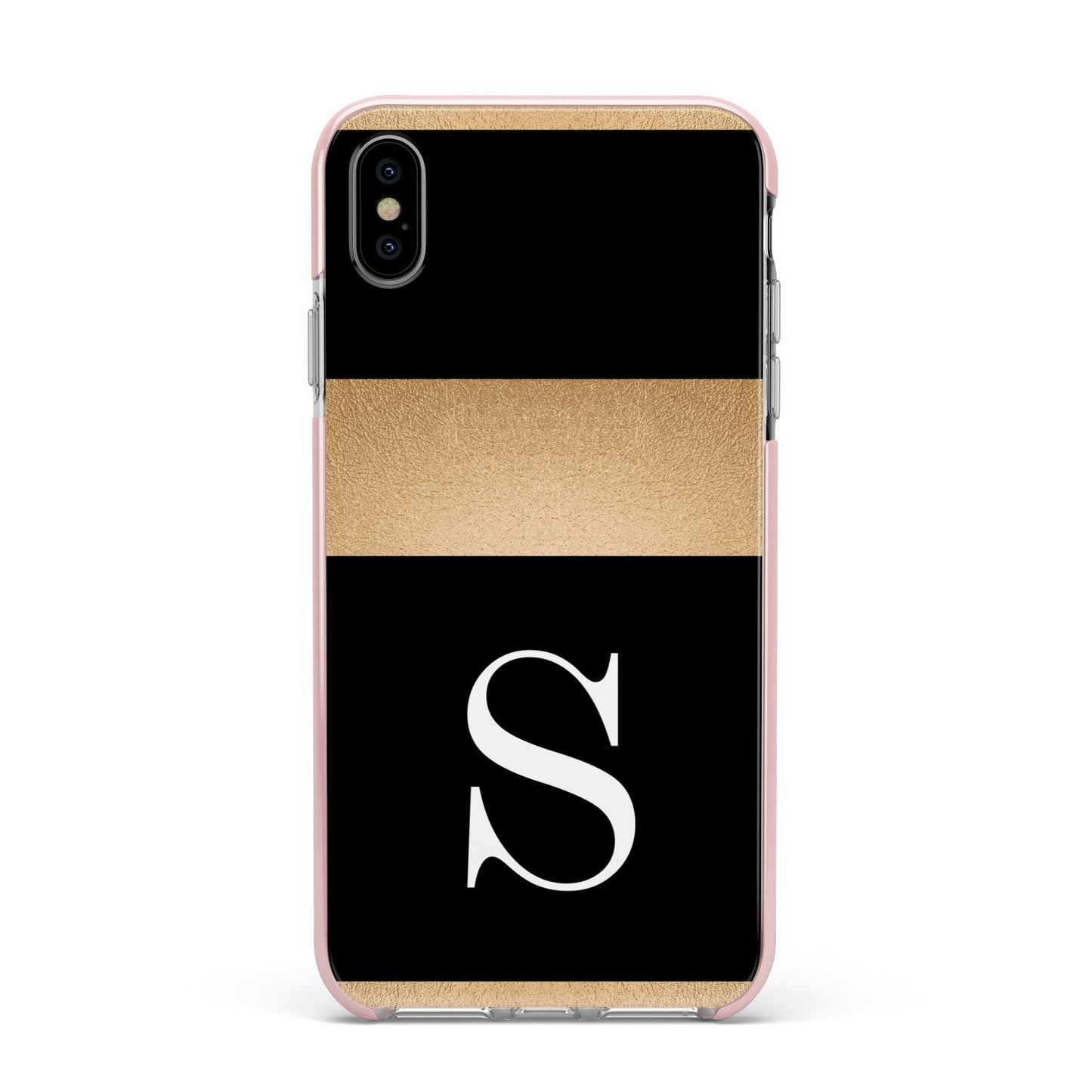 Personalised Black Gold Monogram Initial Apple iPhone Xs Max Impact Case Pink Edge on Silver Phone