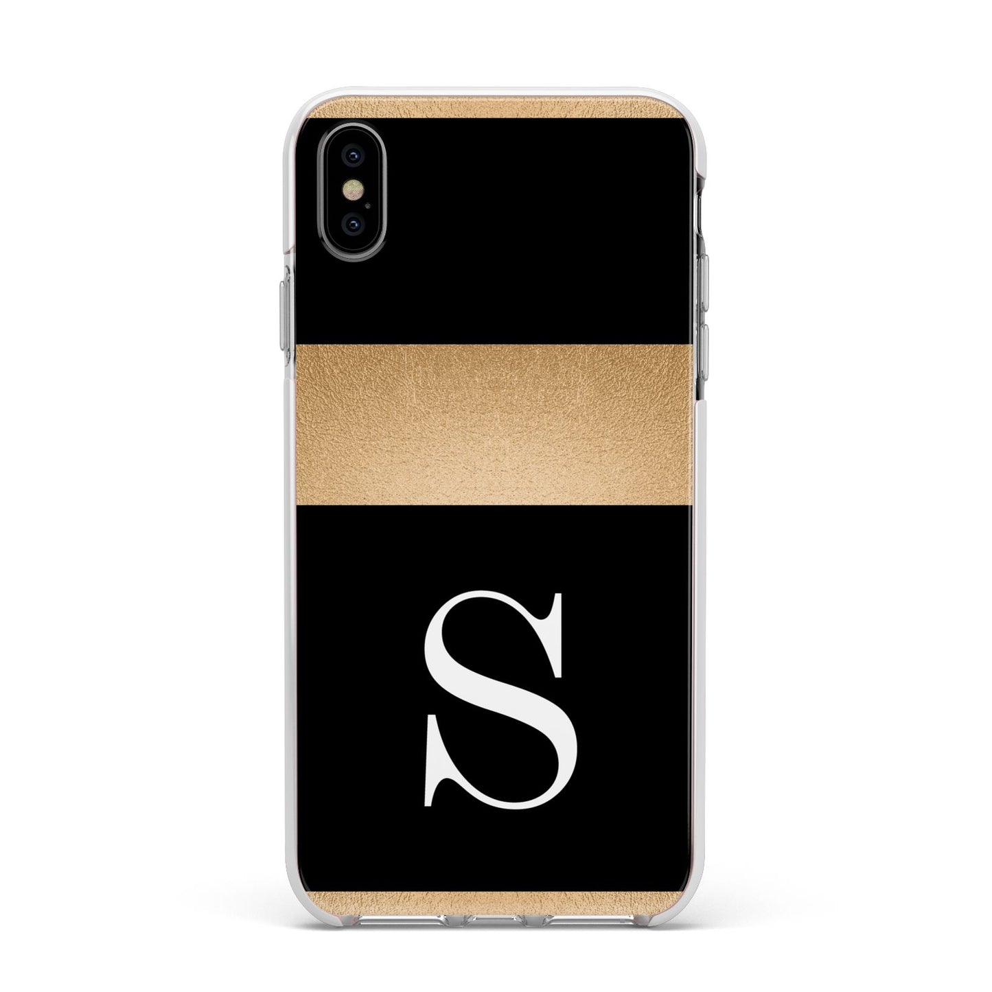 Personalised Black Gold Monogram Initial Apple iPhone Xs Max Impact Case White Edge on Silver Phone