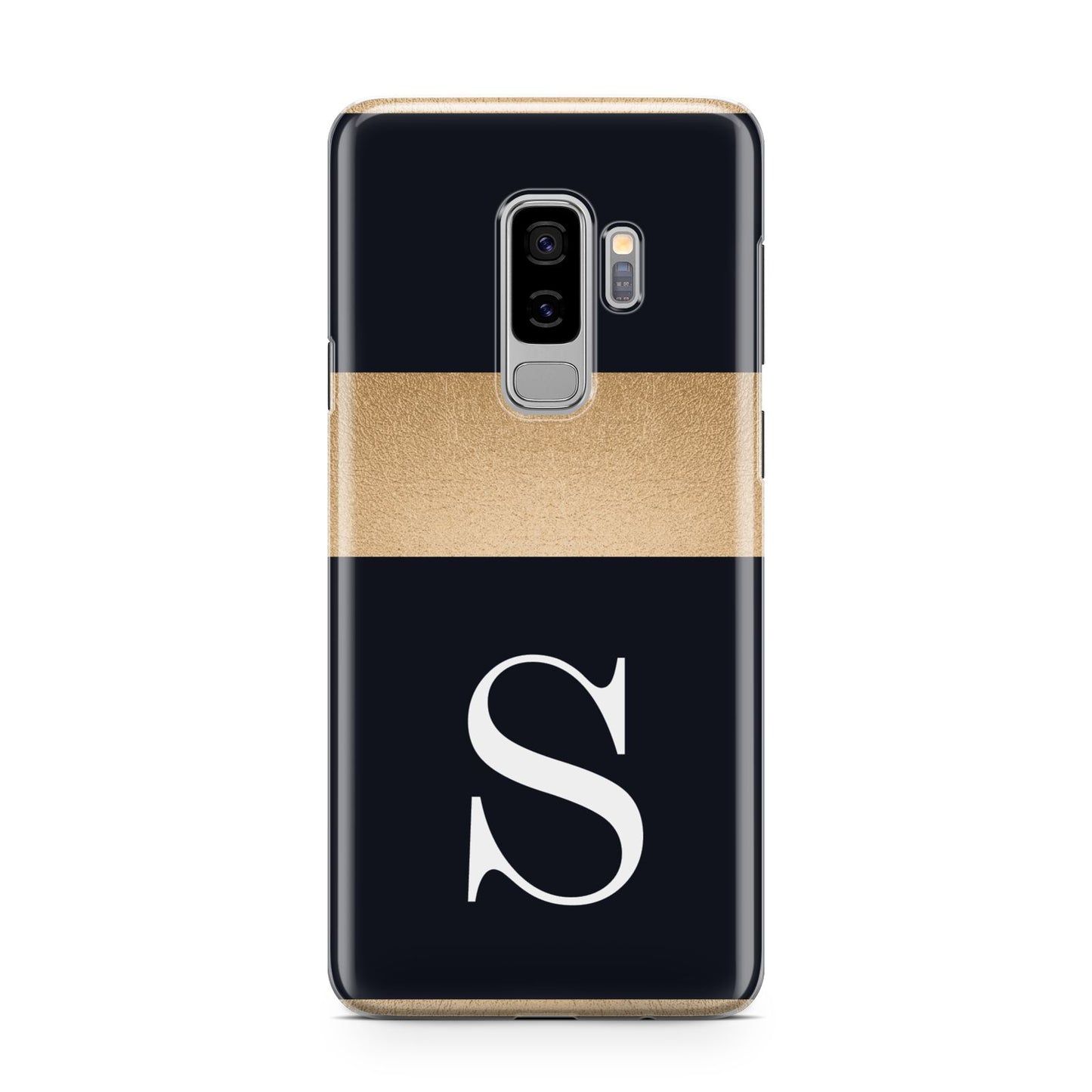 Personalised Black Gold Monogram Initial Samsung Galaxy S9 Plus Case on Silver phone