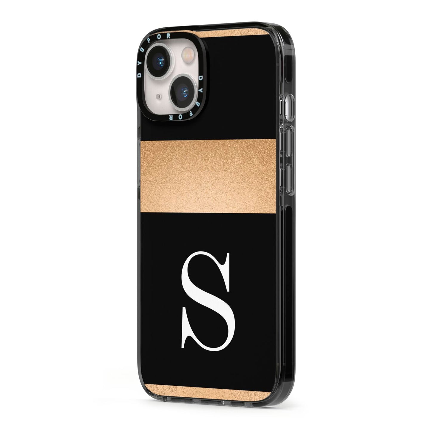 Personalised Black Gold Monogram Initial iPhone 13 Black Impact Case Side Angle on Silver phone