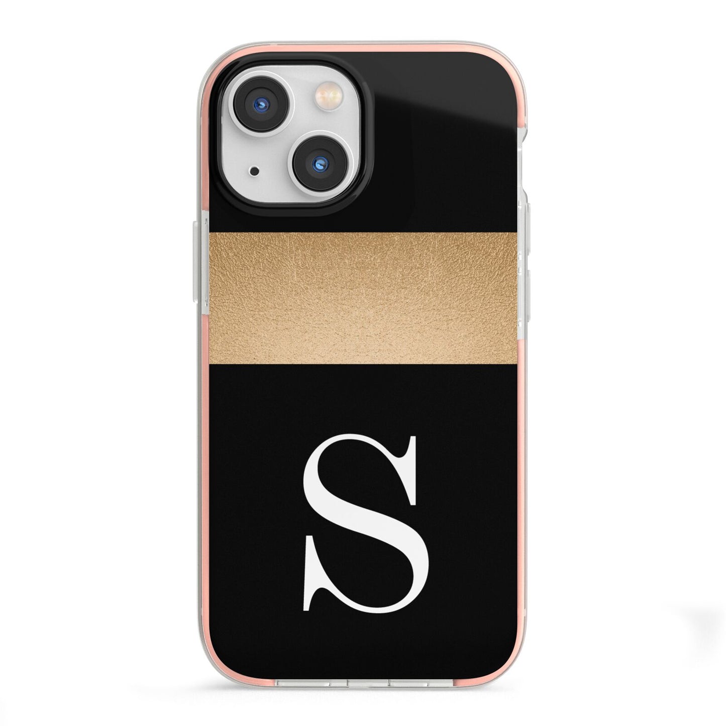 Personalised Black Gold Monogram Initial iPhone 13 Mini TPU Impact Case with Pink Edges