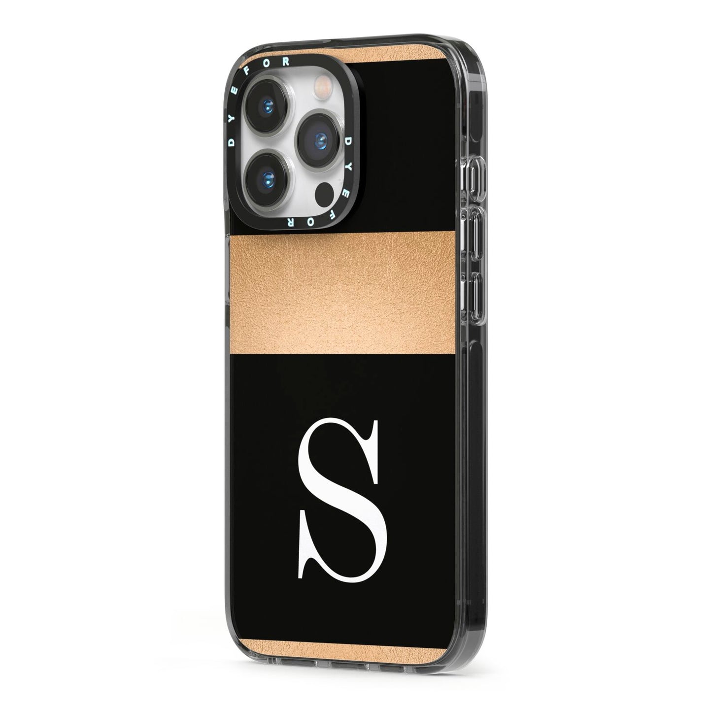 Personalised Black Gold Monogram Initial iPhone 13 Pro Black Impact Case Side Angle on Silver phone