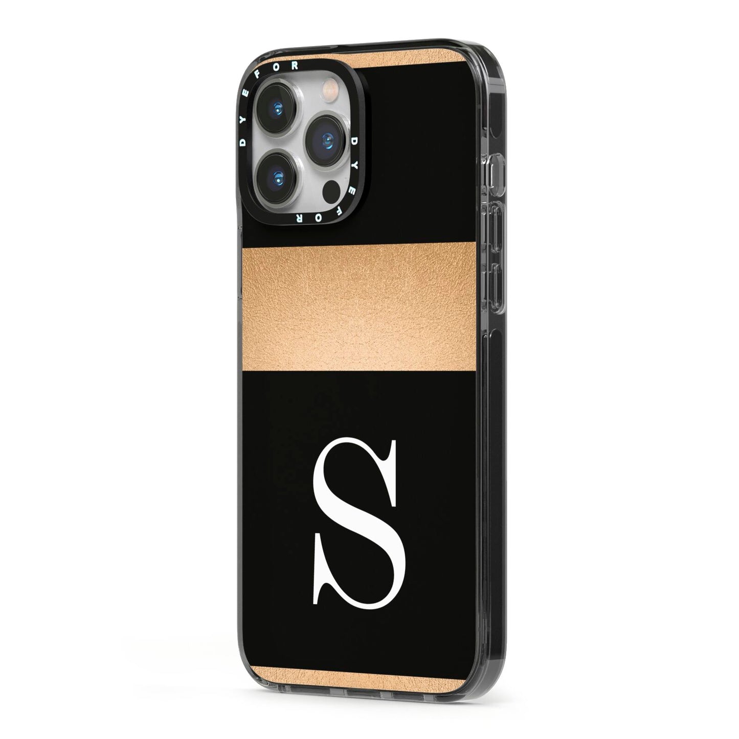 Personalised Black Gold Monogram Initial iPhone 13 Pro Max Black Impact Case Side Angle on Silver phone