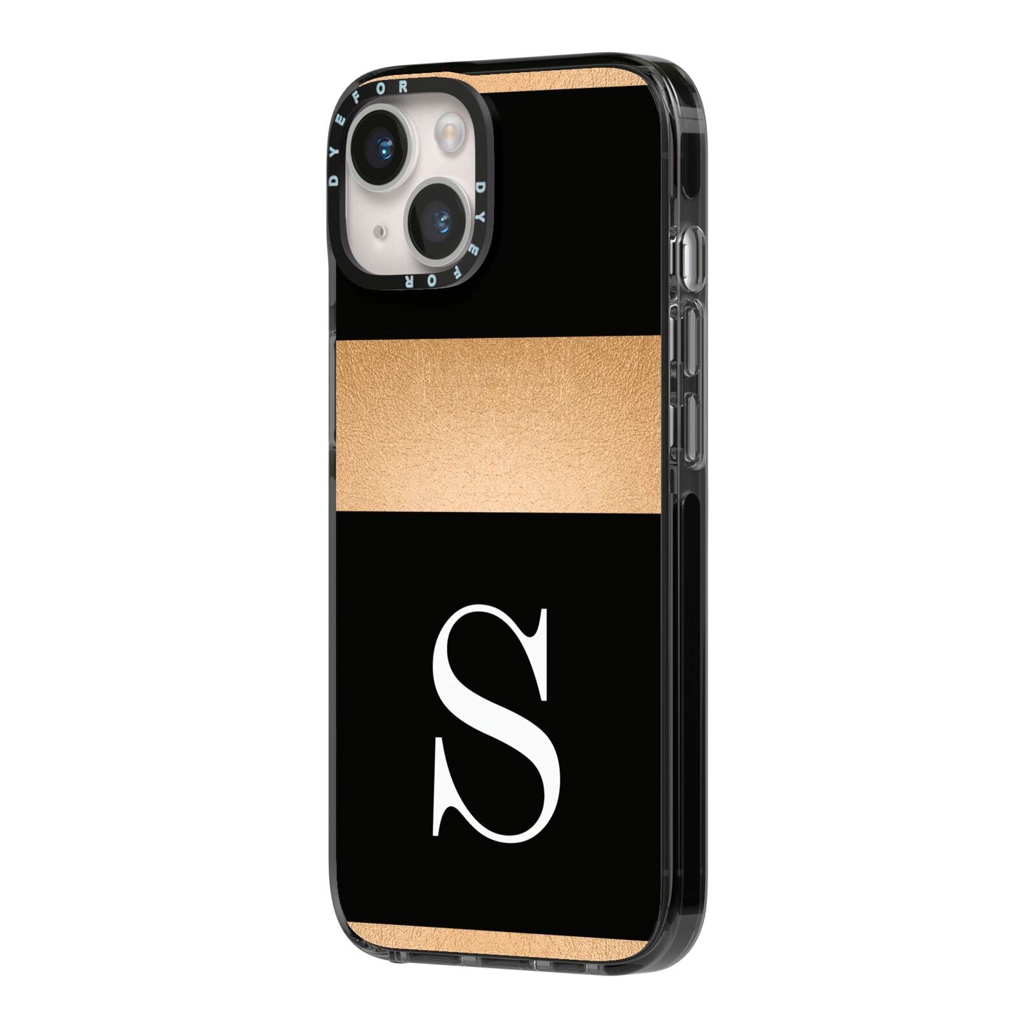 Personalised Black Gold Monogram Initial iPhone 14 Black Impact Case Side Angle on Silver phone