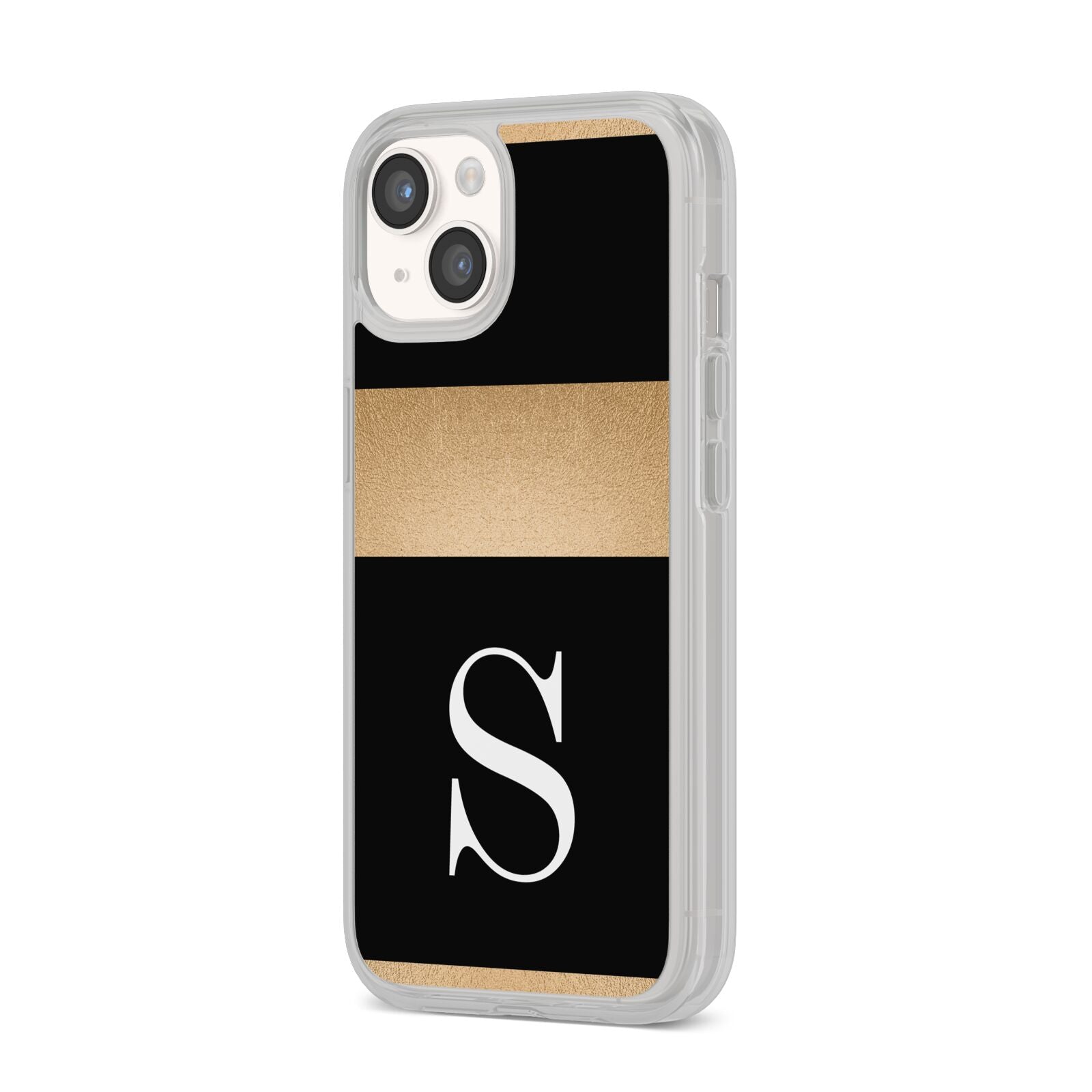 Personalised Black Gold Monogram Initial iPhone 14 Clear Tough Case Starlight Angled Image