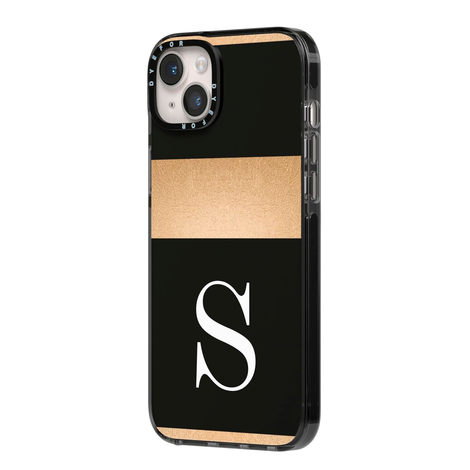 Personalised Black Gold Monogram Initial iPhone 14 Plus Black Impact Case Side Angle on Silver phone