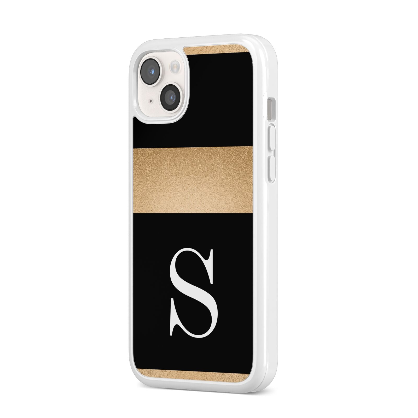 Personalised Black Gold Monogram Initial iPhone 14 Plus Clear Tough Case Starlight Angled Image