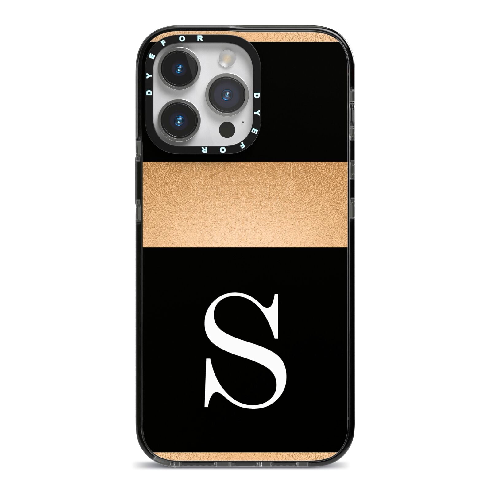 Personalised Black Gold Monogram Initial iPhone 14 Pro Max Black Impact Case on Silver phone