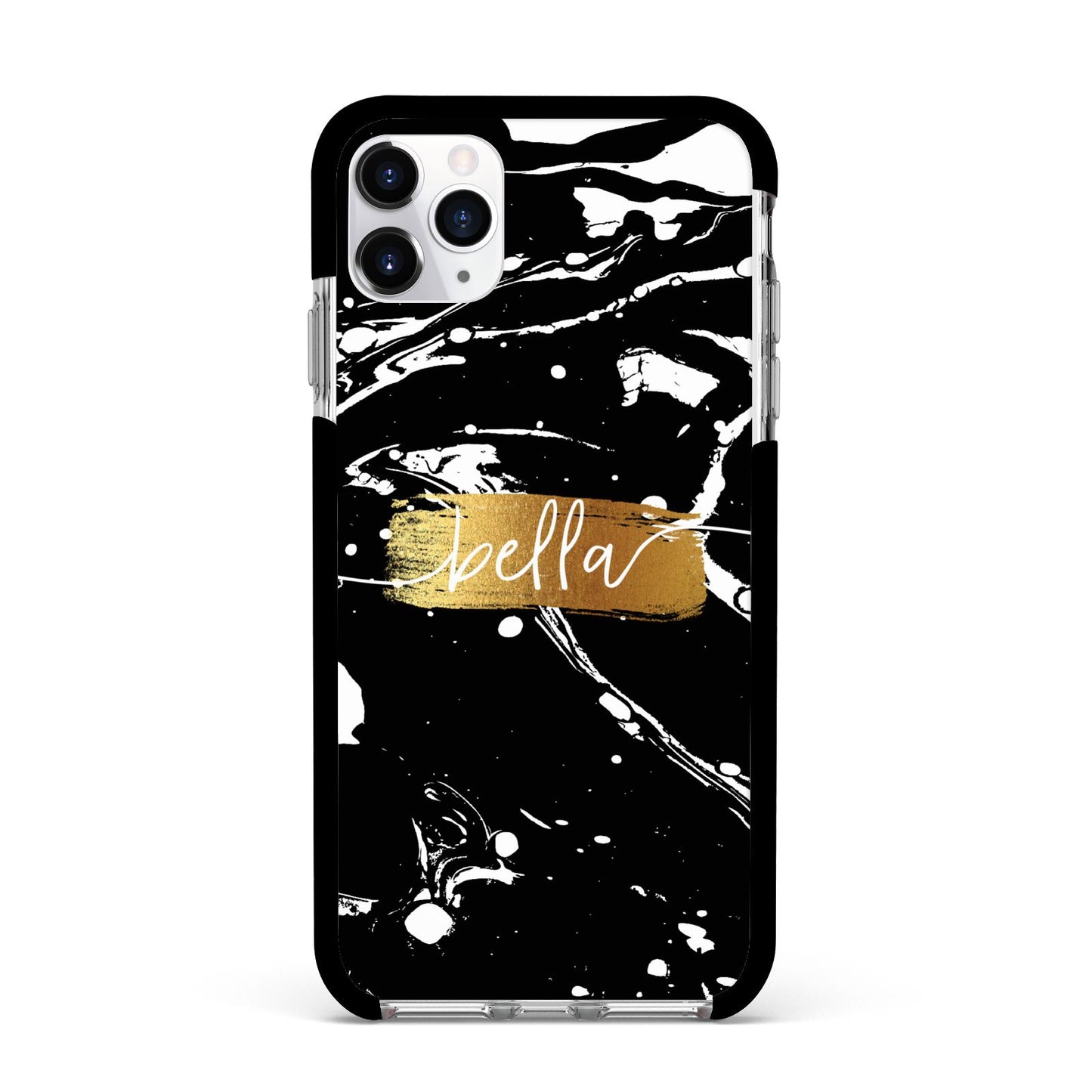 Personalised Black Gold Swirl Marble Apple iPhone 11 Pro Max in Silver with Black Impact Case