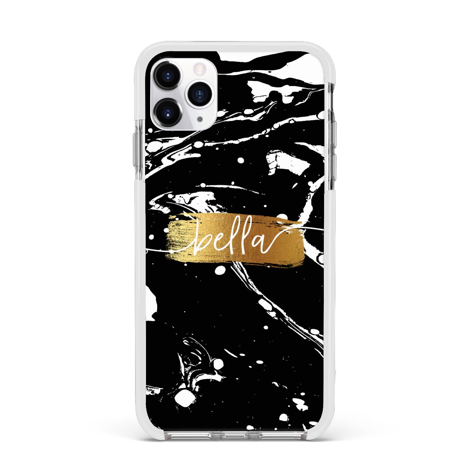 Personalised Black Gold Swirl Marble Apple iPhone 11 Pro Max in Silver with White Impact Case
