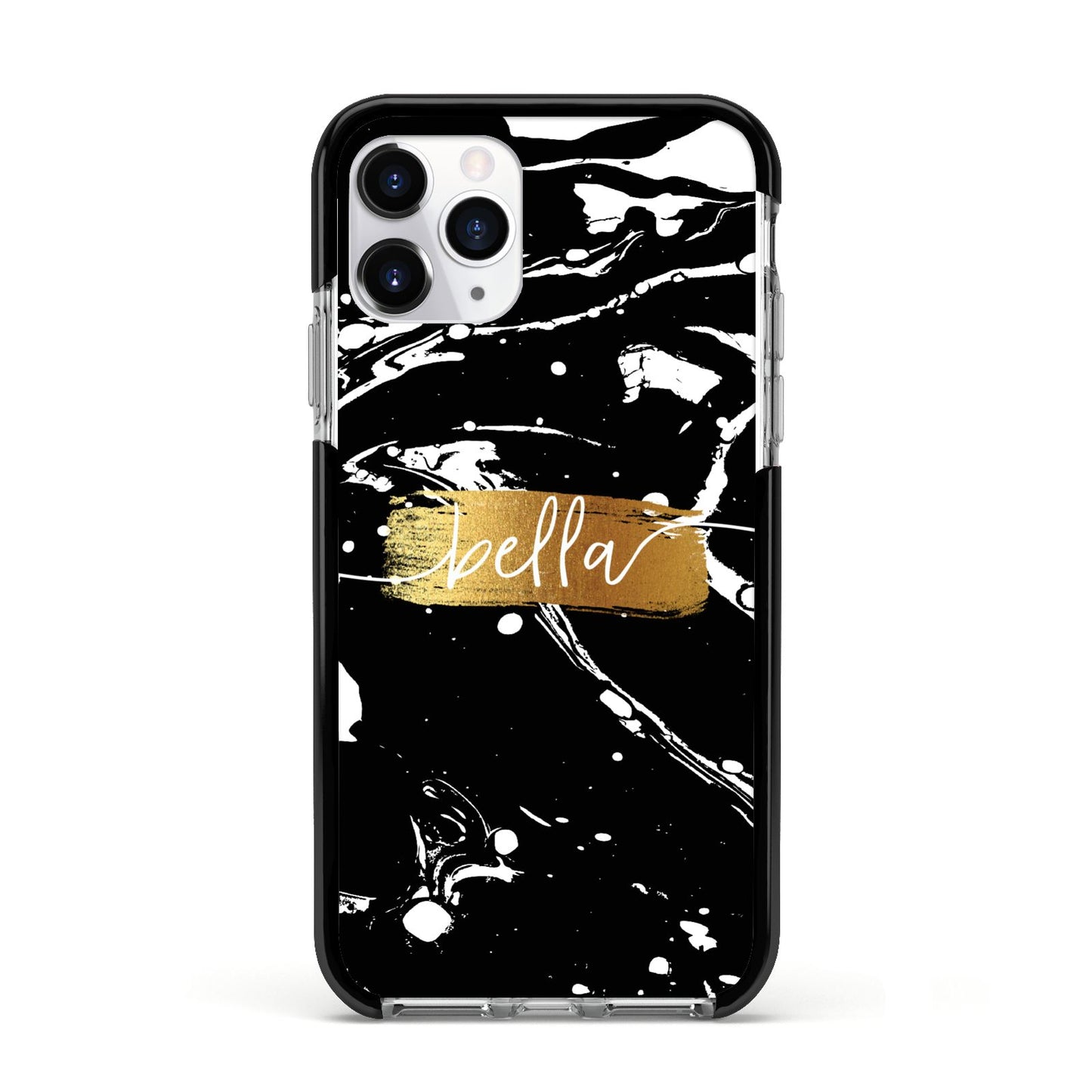 Personalised Black Gold Swirl Marble Apple iPhone 11 Pro in Silver with Black Impact Case
