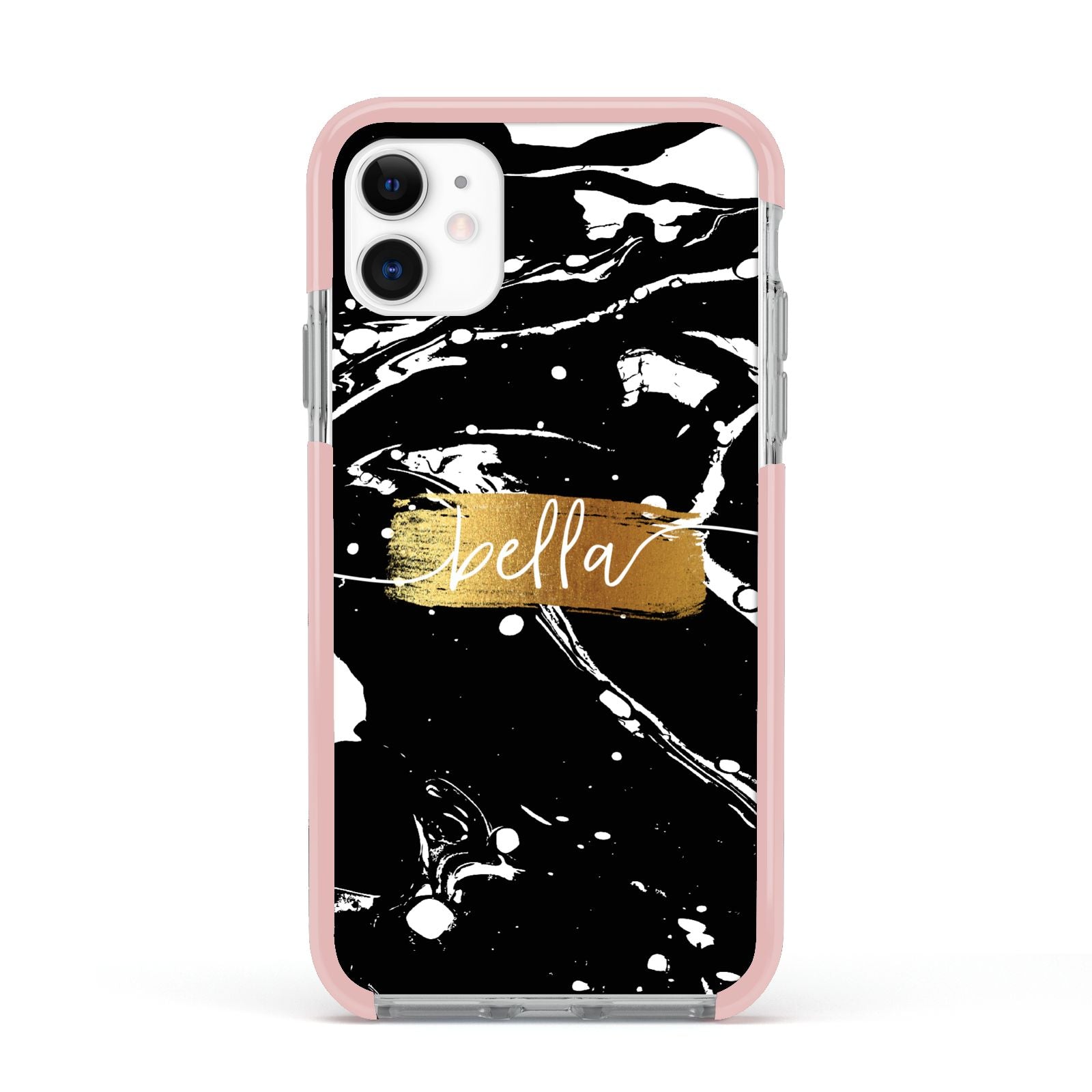 Personalised Black Gold Swirl Marble Apple iPhone 11 in White with Pink Impact Case