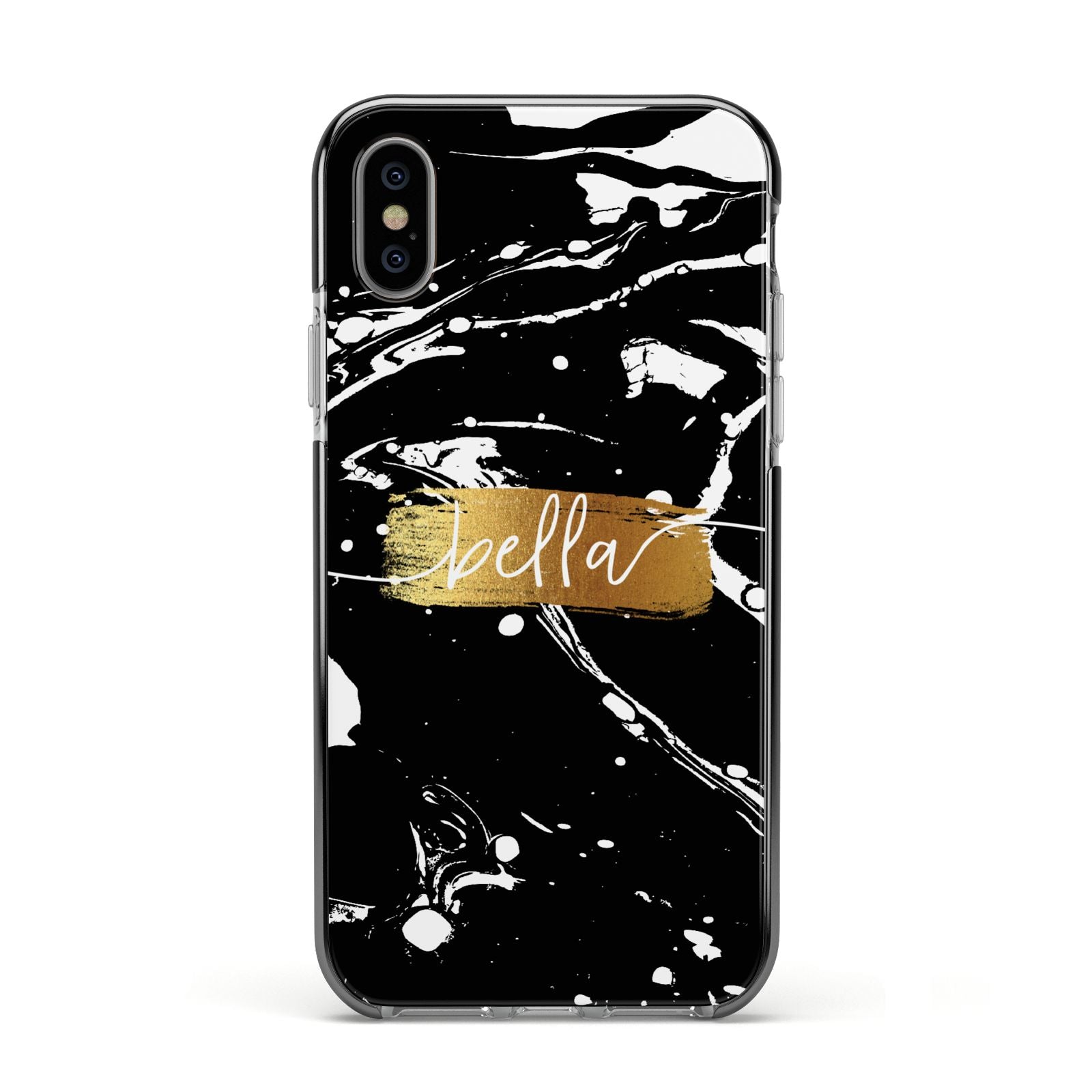 Personalised Black Gold Swirl Marble Apple iPhone Xs Impact Case Black Edge on Silver Phone