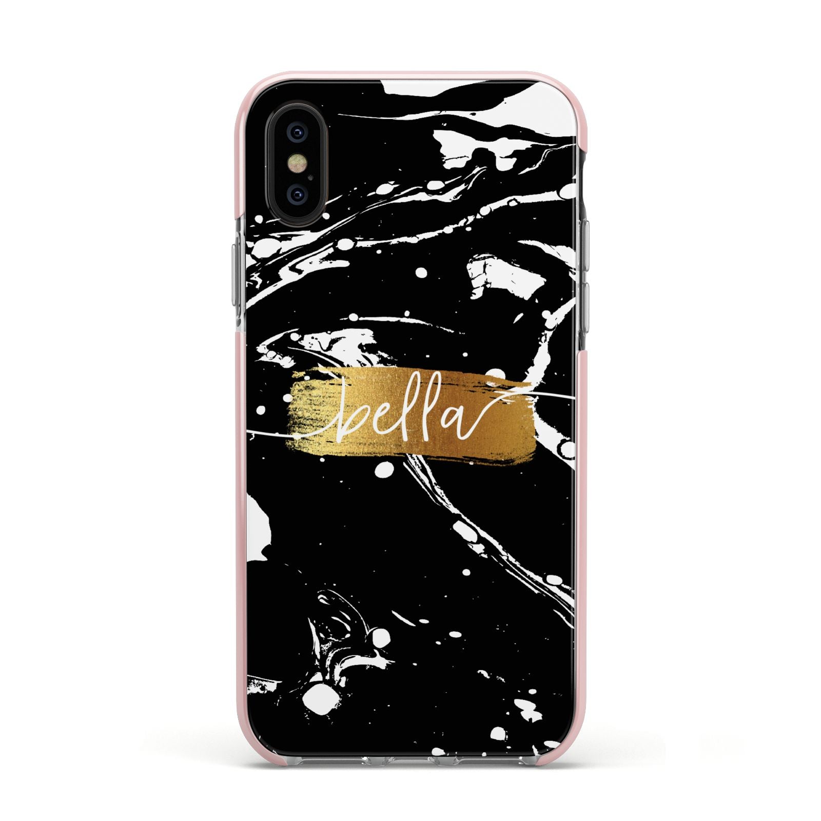 Personalised Black Gold Swirl Marble Apple iPhone Xs Impact Case Pink Edge on Black Phone