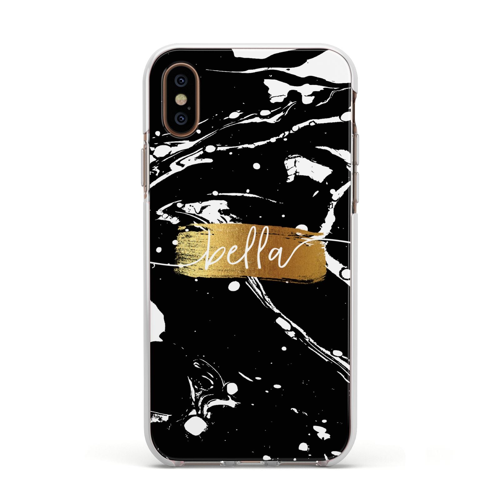 Personalised Black Gold Swirl Marble Apple iPhone Xs Impact Case White Edge on Gold Phone