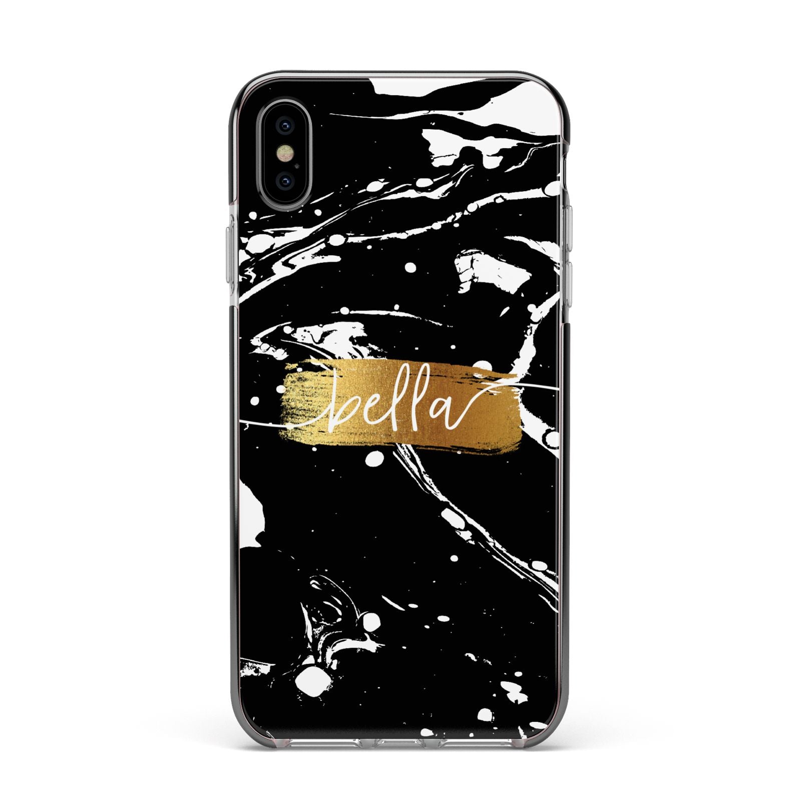 Personalised Black Gold Swirl Marble Apple iPhone Xs Max Impact Case Black Edge on Silver Phone