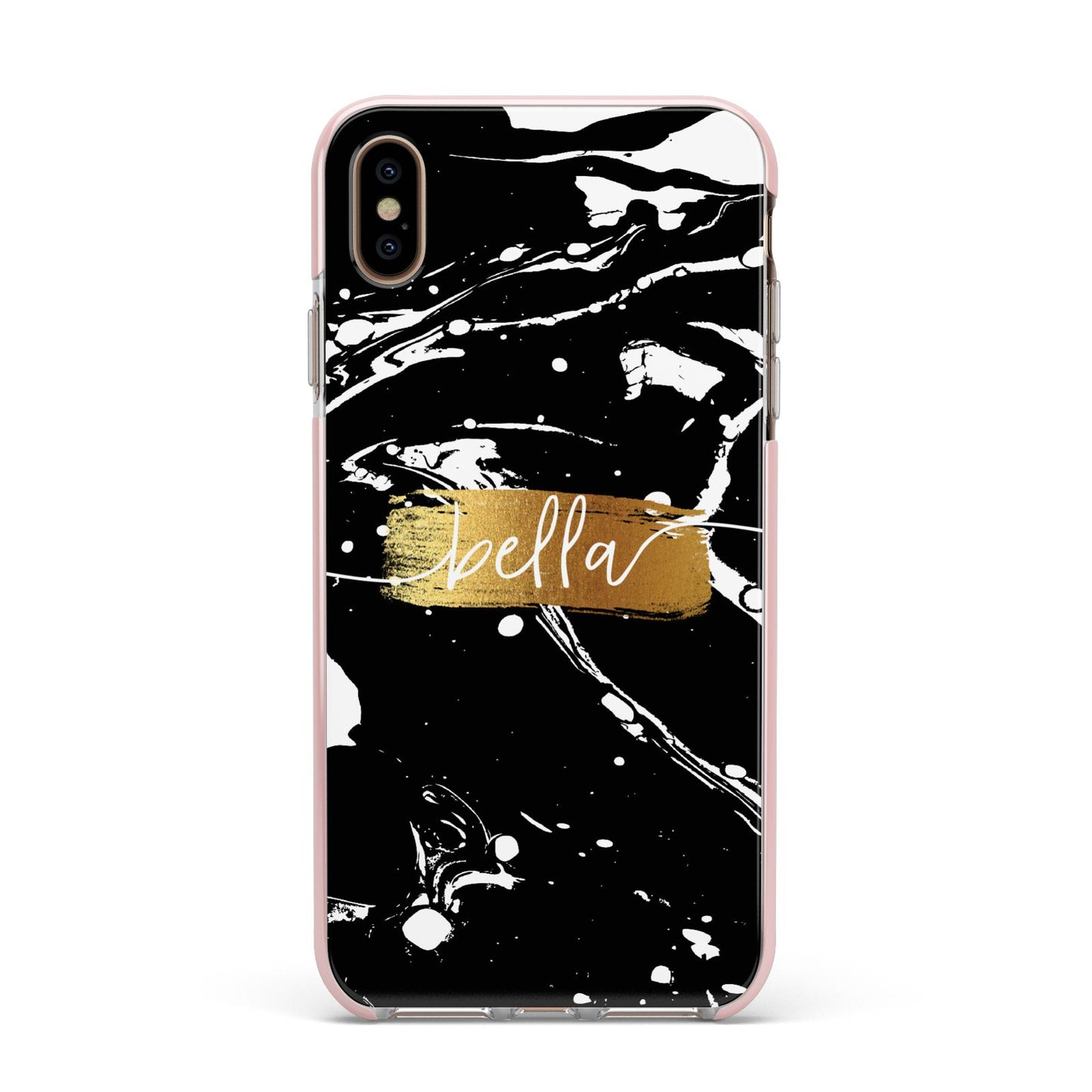 Personalised Black Gold Swirl Marble Apple iPhone Xs Max Impact Case Pink Edge on Gold Phone