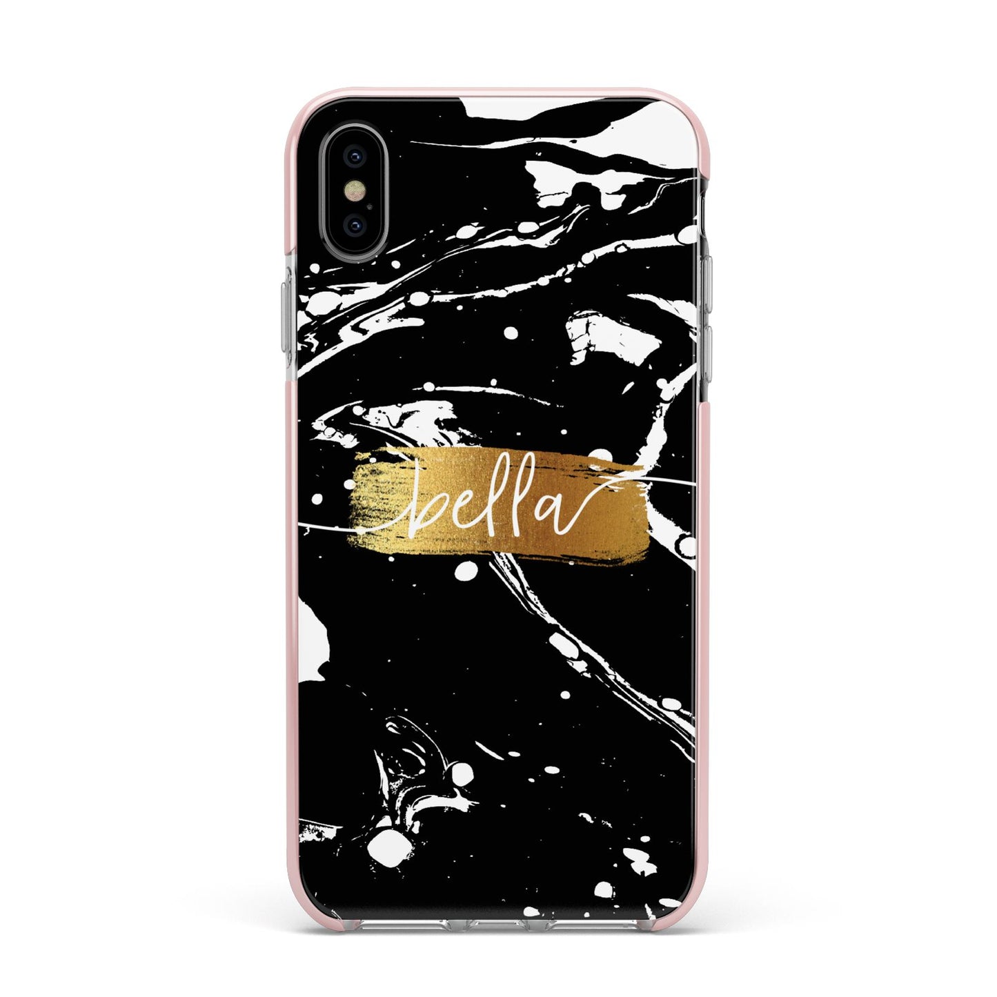 Personalised Black Gold Swirl Marble Apple iPhone Xs Max Impact Case Pink Edge on Silver Phone