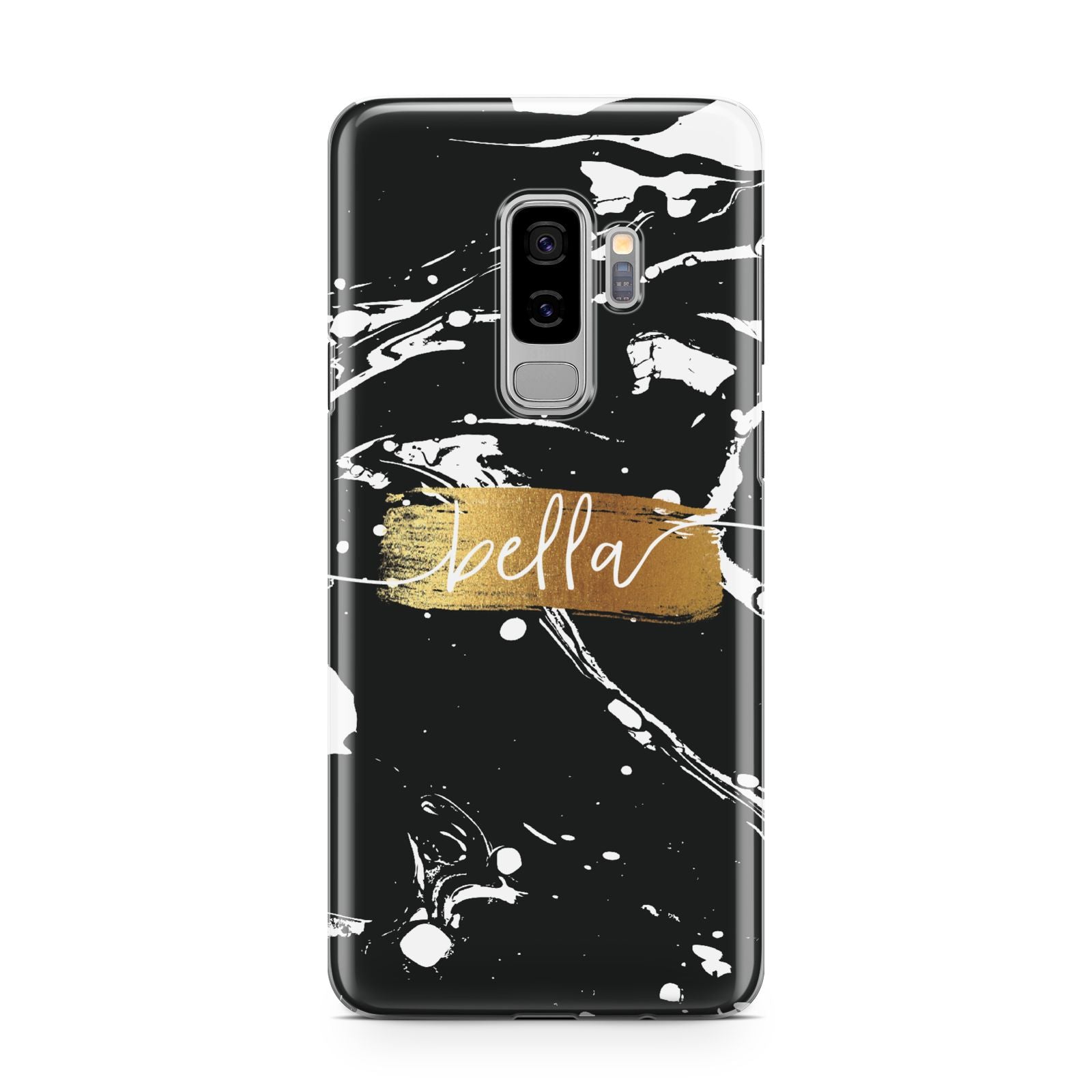 Personalised Black Gold Swirl Marble Samsung Galaxy S9 Plus Case on Silver phone