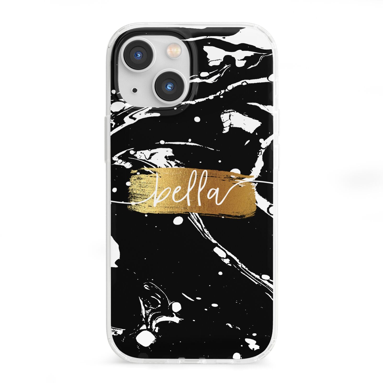 Personalised Black Gold Swirl Marble iPhone 13 Mini Clear Bumper Case