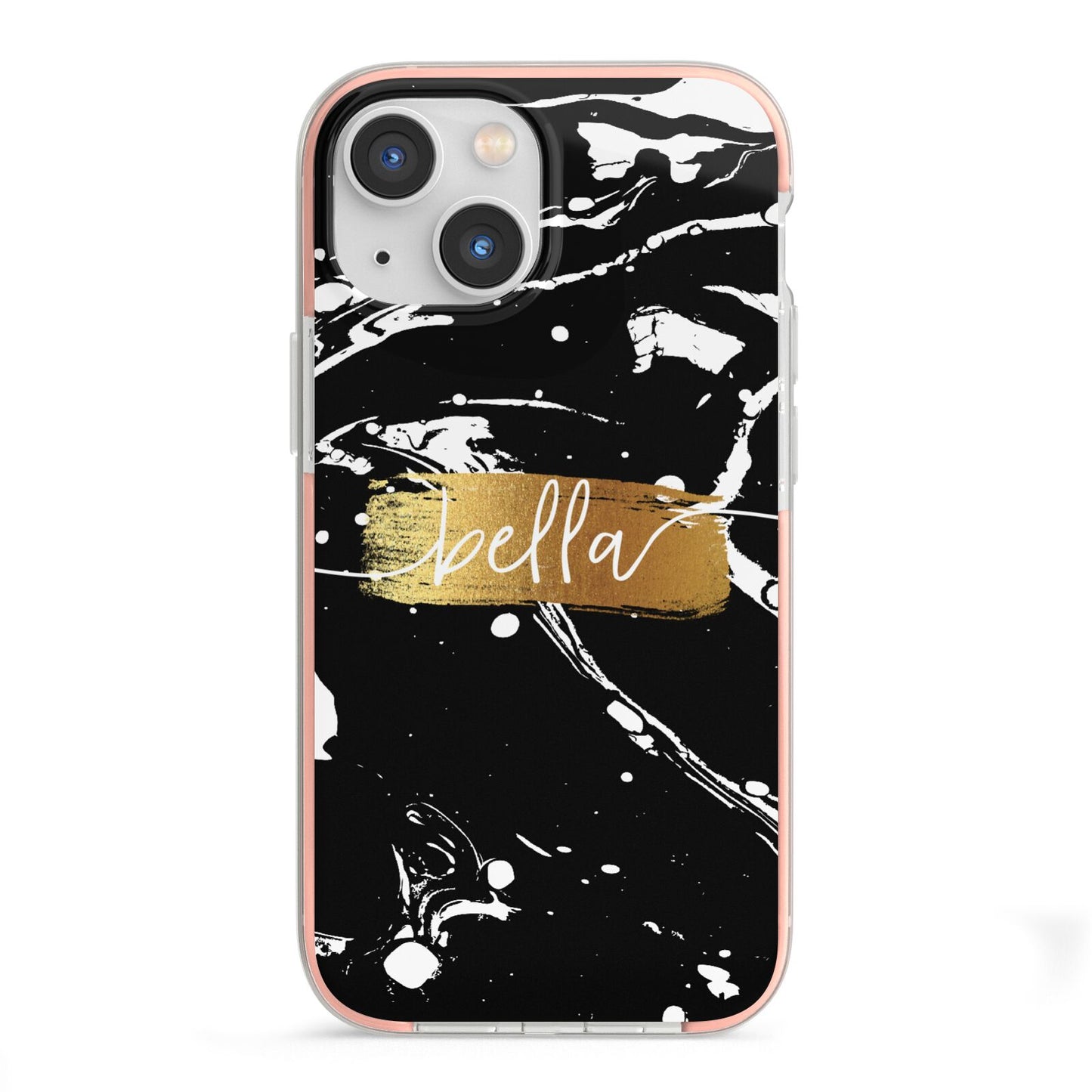 Personalised Black Gold Swirl Marble iPhone 13 Mini TPU Impact Case with Pink Edges