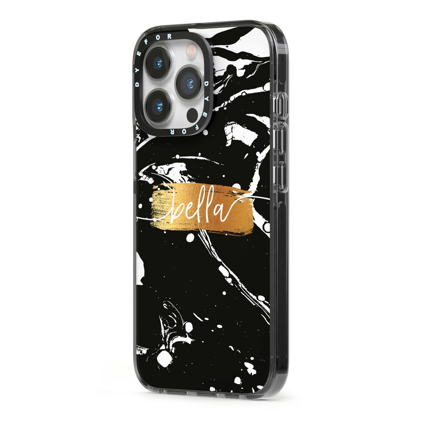Personalised Black Gold Swirl Marble iPhone 13 Pro Black Impact Case Side Angle on Silver phone