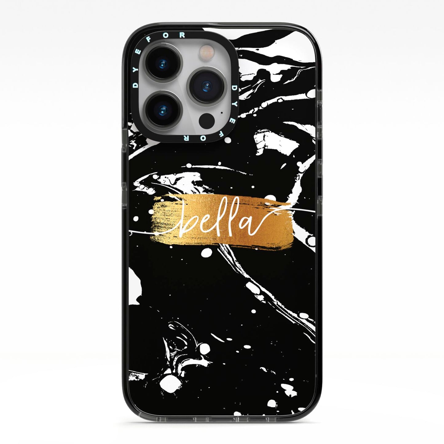 Personalised Black Gold Swirl Marble iPhone 13 Pro Black Impact Case on Silver phone