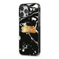 Personalised Black Gold Swirl Marble iPhone 13 Pro Max Black Impact Case Side Angle on Silver phone