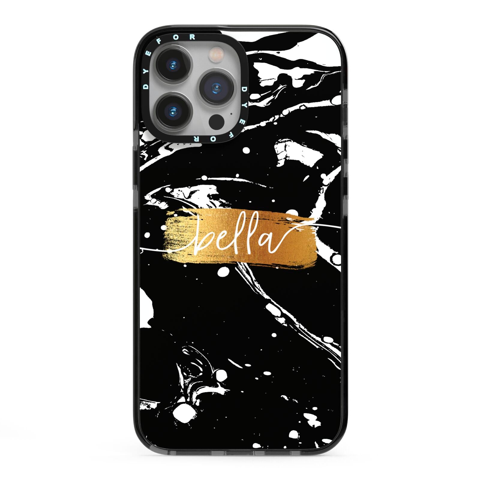Personalised Black Gold Swirl Marble iPhone 13 Pro Max Black Impact Case on Silver phone