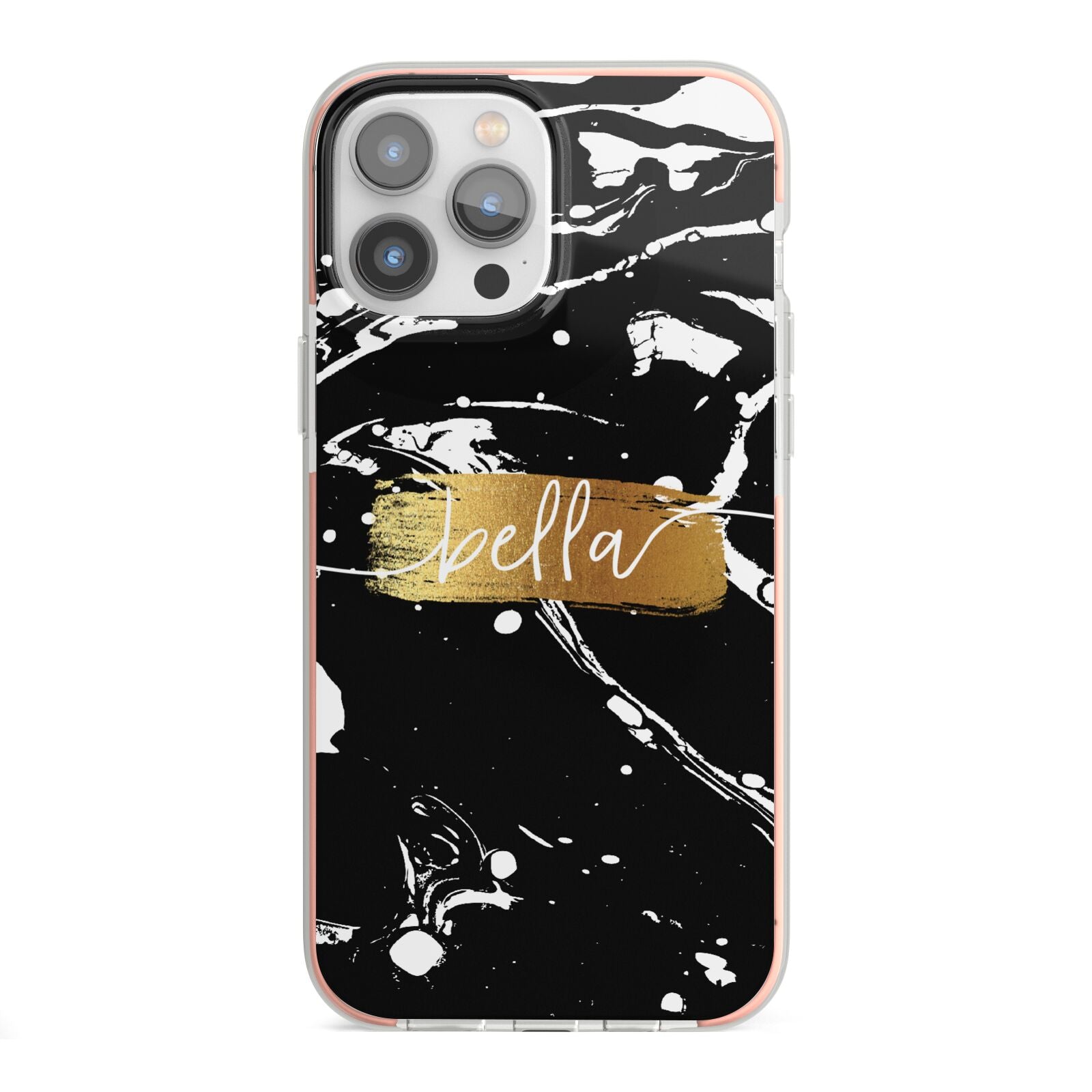 Personalised Black Gold Swirl Marble iPhone 13 Pro Max TPU Impact Case with Pink Edges