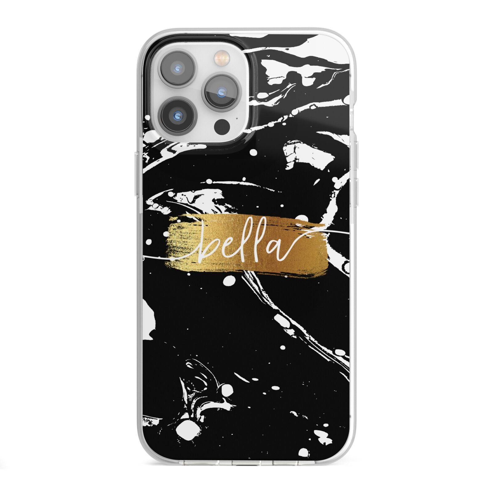Personalised Black Gold Swirl Marble iPhone 13 Pro Max TPU Impact Case with White Edges