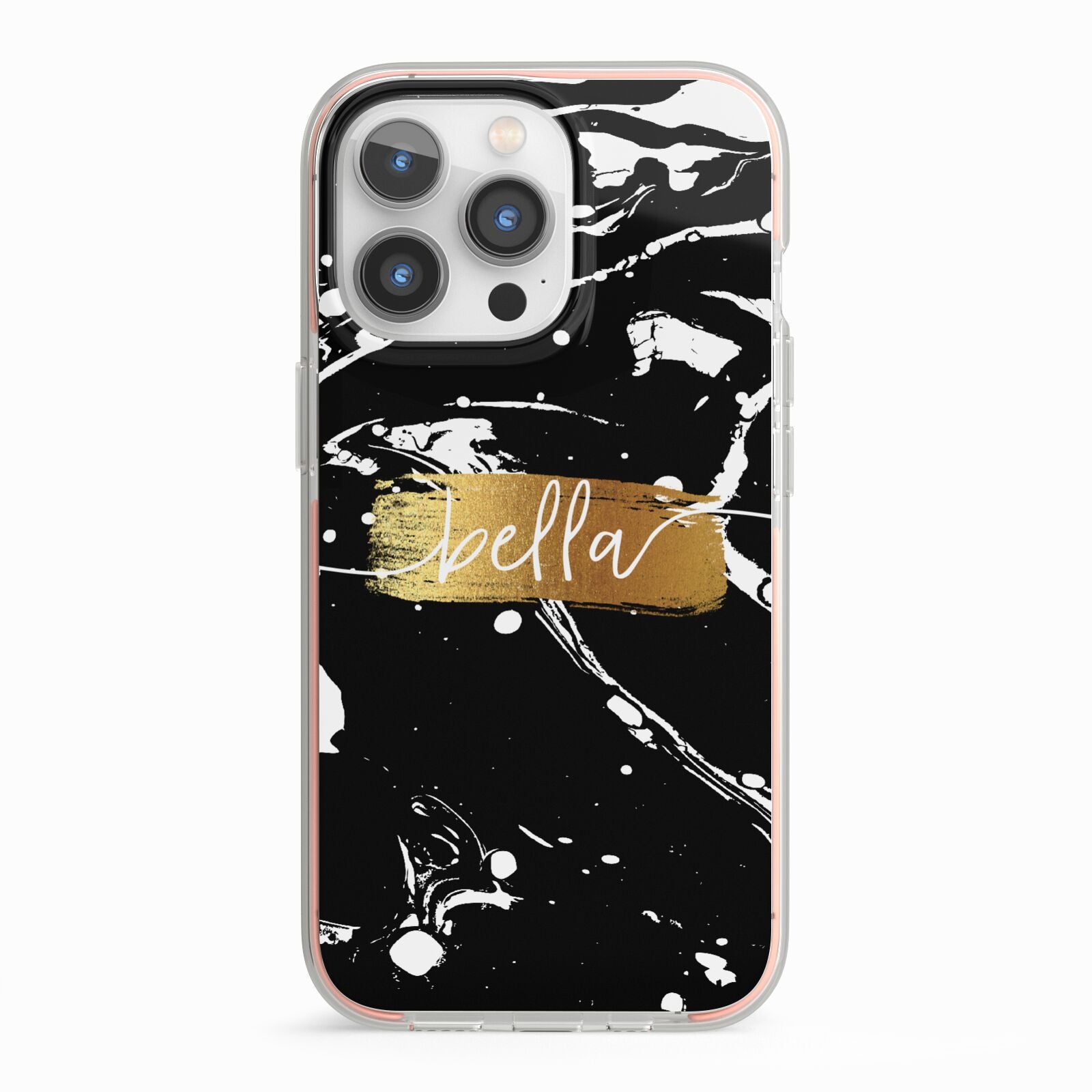Personalised Black Gold Swirl Marble iPhone 13 Pro TPU Impact Case with Pink Edges