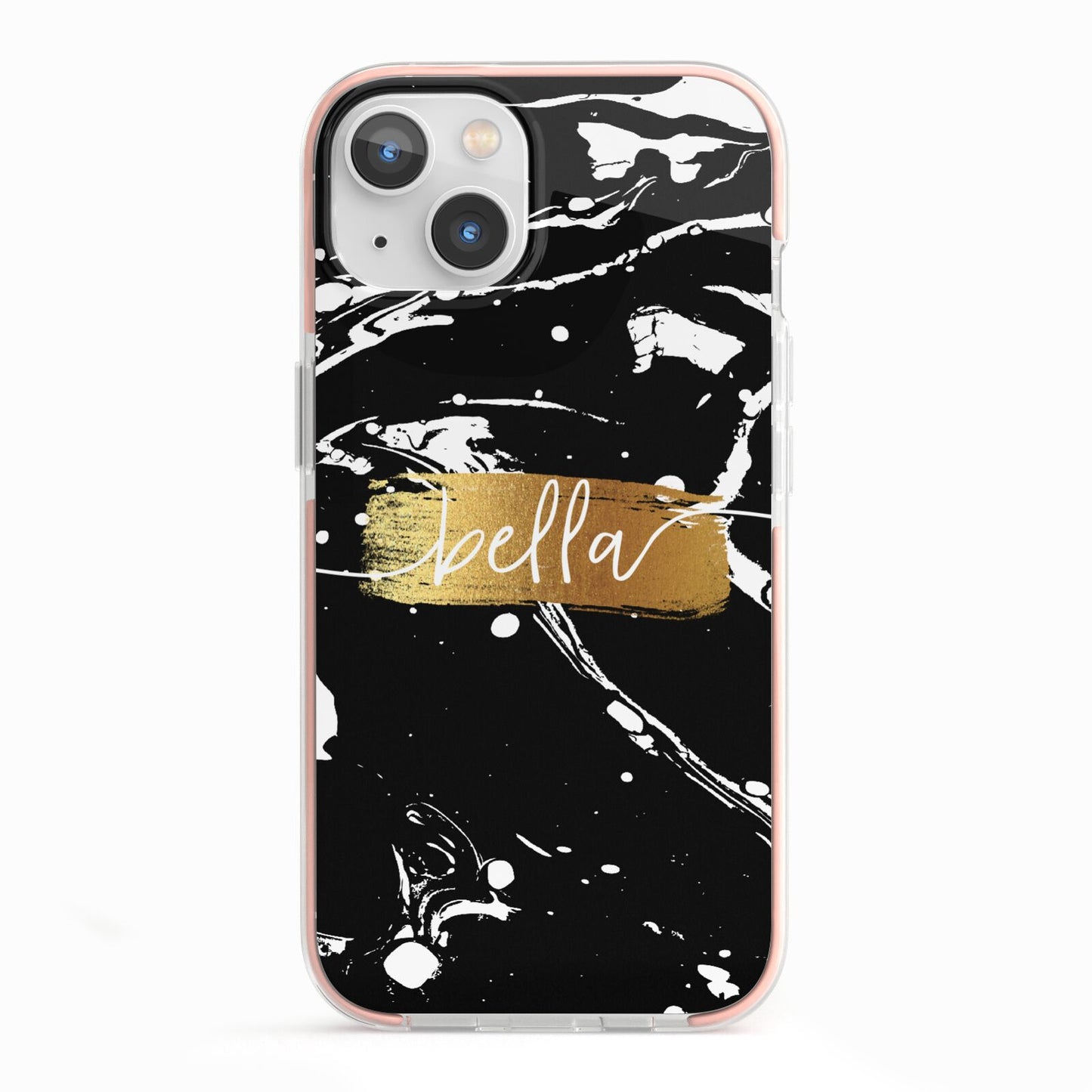 Personalised Black Gold Swirl Marble iPhone 13 TPU Impact Case with Pink Edges