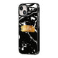 Personalised Black Gold Swirl Marble iPhone 14 Black Impact Case Side Angle on Silver phone