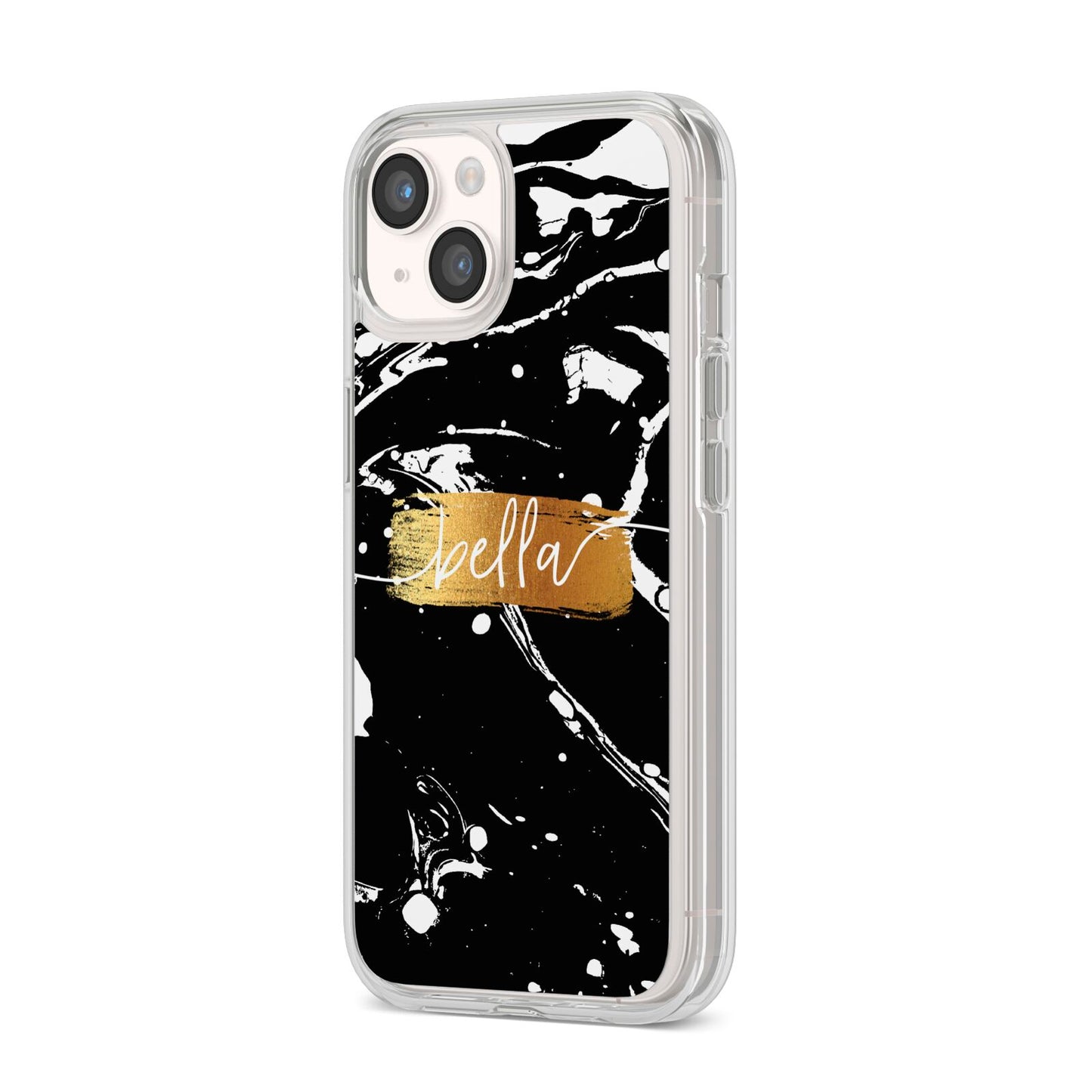 Personalised Black Gold Swirl Marble iPhone 14 Clear Tough Case Starlight Angled Image