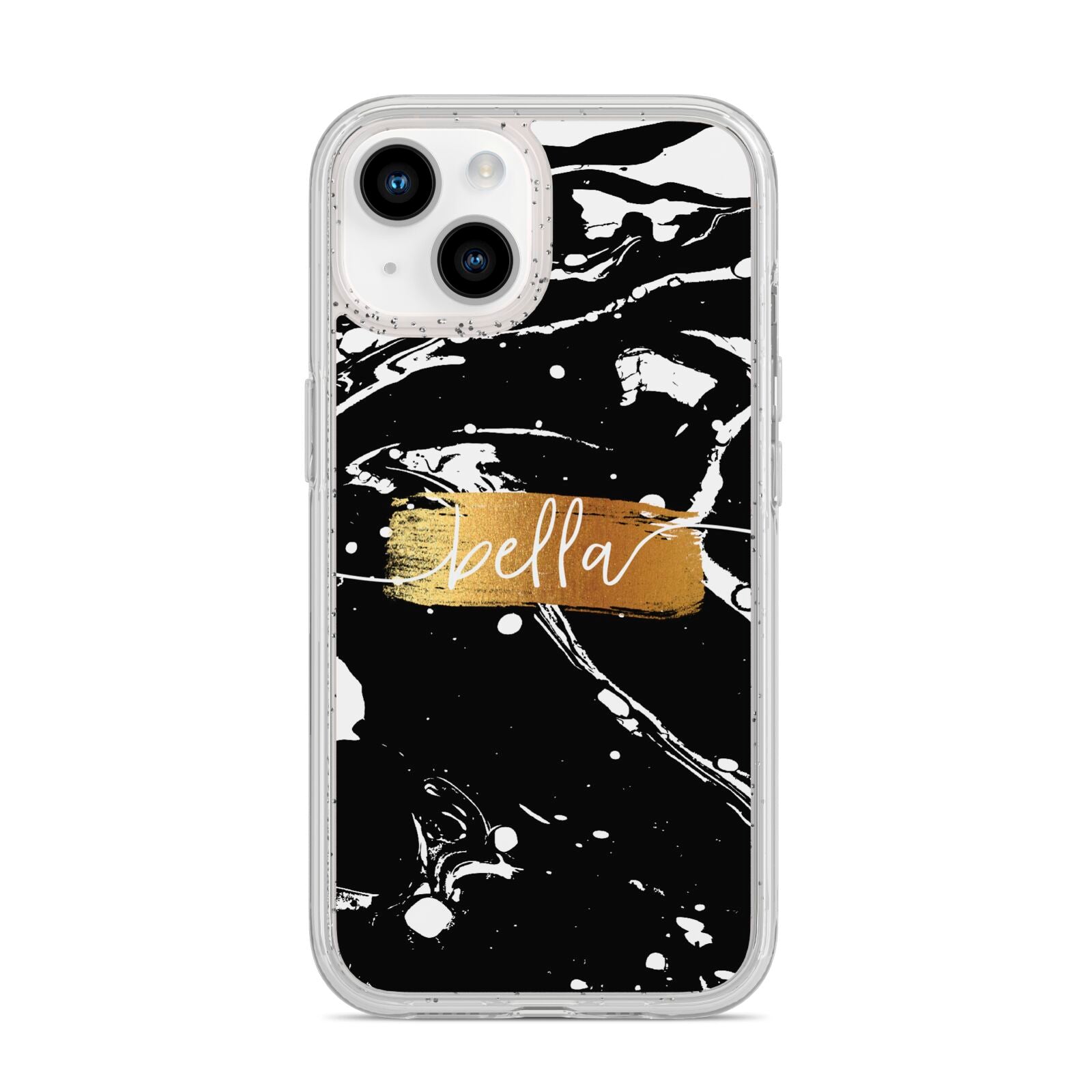 Personalised Black Gold Swirl Marble iPhone 14 Glitter Tough Case Starlight