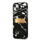 Personalised Black Gold Swirl Marble iPhone 14 Plus Black Impact Case Side Angle on Silver phone