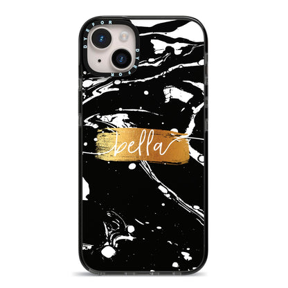Personalised Black Gold Swirl Marble iPhone 14 Plus Black Impact Case on Silver phone