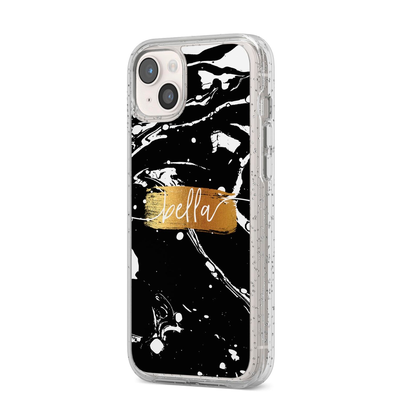 Personalised Black Gold Swirl Marble iPhone 14 Plus Glitter Tough Case Starlight Angled Image