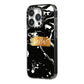 Personalised Black Gold Swirl Marble iPhone 14 Pro Black Impact Case Side Angle on Silver phone
